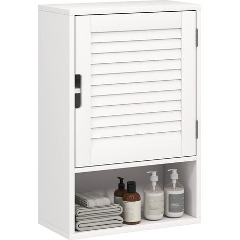 Weißer Badezimmerschrank mit verstellbarem Einlegeboden, Lamellentür und offenem Fach, Maße 40 x 20 x 60 cm