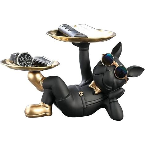 Statuetta in resina a forma di bulldog francese, decorazione con sfondo antiscivolo e 2 vassoi, decorazione multiuso per portachiavi, organizer per caramelle, decorazione da tavolo (nero)