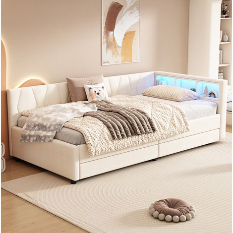 Letto a panca 90x200 cm in lino beige con contenitore, LED e USB (1/5)