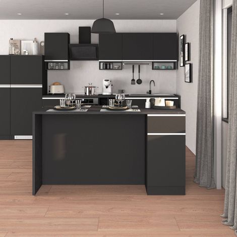 WHOUS Isola Cucina SOLE con 2 ante e 2 cassetti, tavolo da pranzo e piano di lavoro, ideale per open space e spazi ridotti, 160x90x90 cm, antracite opaco e report