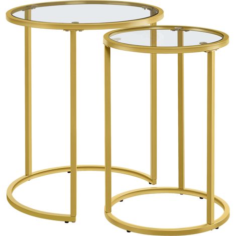 Yaheetech – Lot de 2 tables basses gigognes rondes en métal et verre trempé – Dimensions 49,5 x 49,5 x 59 cm – Couleur dorée – Empilables pour salon et balcon (1/5)