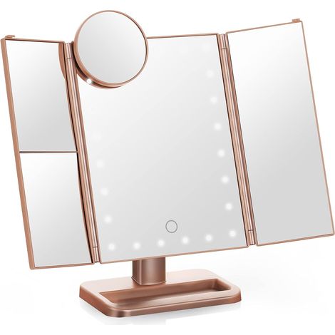 MINKUROW Led Trifold Make-up-Spiegel – Faltbarer Schreibtischspiegel mit zwei Leistungsmodi – 1x/2x/3x/10x Vergrößerung (Roségold) (1/4)