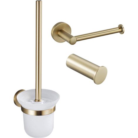 FugaFlow Eccelente Ensemble accessoires WC 3 pièces - porte-rouleau sans couvercle - brosse WC - crochet porte-serviette simple rond - Laiton brossé