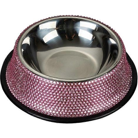 Gamelle pour chien en acier inoxydable avec base en caoutchouc et strass, bol alimentaire antidérapant design élégant.