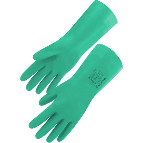 Gants Nitrile Vert Floques Coton - Protection Chimique EN ISO 374-1 Type A - Sans Latex - 33 cm - Taille 7 - Sachet de 10 (1/2)
