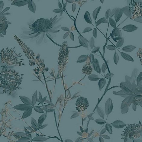 Papier peint floral botanique fond bleu canard (1/2)