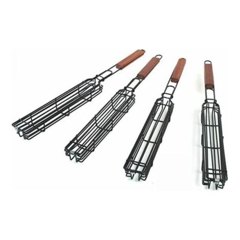 QORVA-Lot de 4 paniers de barbecue avec grille verrouillable à long manche en bois - Antiadhésifs - En acier inoxydable - Pour barbecue,poissons,légumes,saucisses,oignons (1/5)
