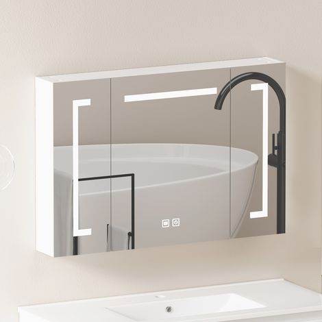 Badmöbel Spiegelschrank mit LED 90 cm modern aus MDF und Glas in Weiß, Wandspiegelschrank mit Stauraum
