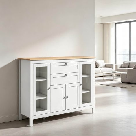 Sideboard moderne 120x40x90 cm en MDF blanc et bois clair, avec rangement salon FloraGrace (1/5)