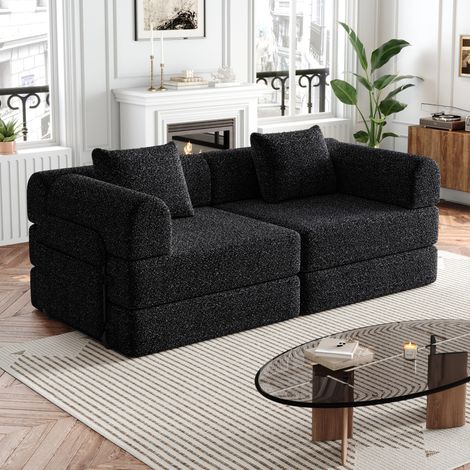 Sofá cama 2-en-1 de chenilla negro con compartimento en el reposabrazos y estructura de acero,183,8x91,4x69,8 cm (1/5)