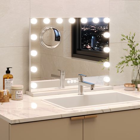 Miroir de maquillage LED type cinéma américain à poser - 15 ampoules, 3 températures de couleur, variateur tactile, rotation 360°, loupe 3x, USB-C/USB - 58x46 cm, blanc, prise UE - Desktop LED makeup (1/5)