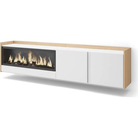 Mueble TV Salares-01 de 212x50x35 cm con chimenea eléctrica XXL, suspendido, color blanco y roble soft (1/4)