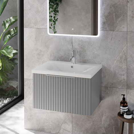Helix 460 Fluted Pebble Grey 600mm Wall Mounted 1 Drawer Vanity Unit with Glide Basin