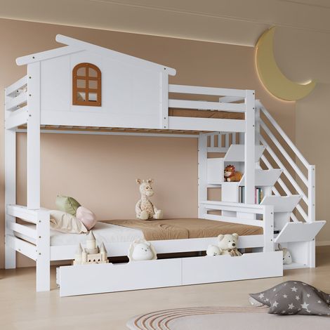 Lit superposé cabane 90x200+120x200 cm pin mdf blanc naturel avec tiroirs et escalier (1/5)