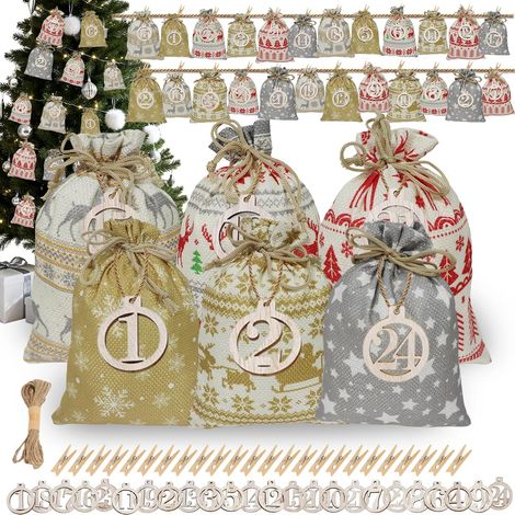 Kit Sachet Calendrier De l'Avent Enfant 2025 Remplir,Diy Pochette Calendrier De l'Avent Vide,24Pochette Noel Pochon Tissu Avec Chiffre étiquette Volante Bois,Pour Remplir Petit Cadeau Petit Jouet (1/5)