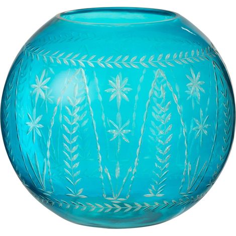 Vase décoratif en verre azur forme ronde élégant - Bleu azur translucide gravé blanc