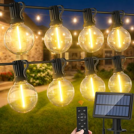 Solaire Remote Guirlande Exterieur Lumineuse - 15M Guinguette Solaires Lumineuse Exterieure 3 Modes avec G40 LED Ampoules IP44 Imperméable Lampe Extérieur Guirlandes pour Jardin Terrasse Mariage Noël