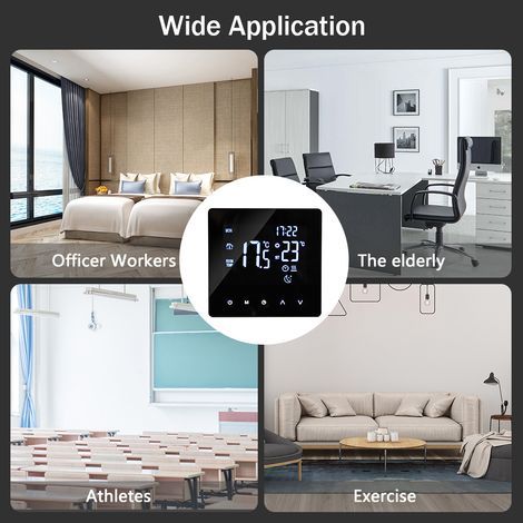 Smart Wi-Fi thermostat for water heaters, temperature control, touchscreen, weekly programming via app, compatible with contracted thermostats. (1/5)