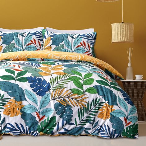 Parure de lit réversible avec Housse de Couette et taies d'oreiller Motif Palmier Tropical Ocre Multi Brights 230 x 220 cm King (1/5)