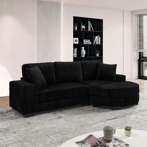 Canapé d'Angle en L 4 Places - 256.5x133.5x89cm - Canapé Modulaire en Velours Côtelé avec Pouf Ovale et 2 Coussins - Noir (1/5)
