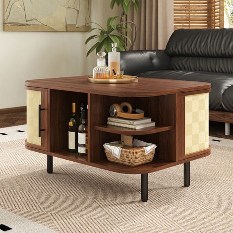 Modernluxe - Table basse 80x60x47 cm - 2 portes en osier - Design incurvé - Poignées et pieds en métal - MDF - Marron (1/5)