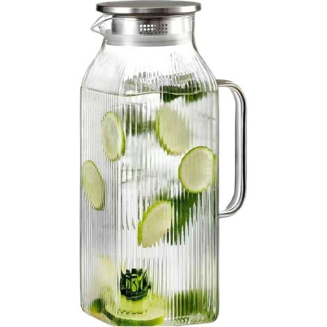 Jarra de vidrio con tapa - Jarra grande de 2 litros, gruesa y transparente, jarra térmica para agua  Almacenamiento seguro y práctico  Para bebidas, zumos, cocina, hogar, picnics, verano (1/5)