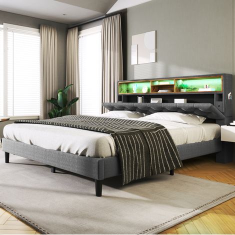 Polsterbett 140/200 cm grau aus Massivholz mit Stauraum-Kopfteil und LED-Beleuchtung (1/5)