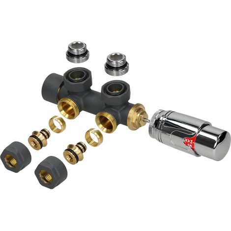 LuxeBath Kit de Raccordement Robinetterie à Clapet Multibloc, Anthracite, Forme d'Angle, avec Tête Thermostatique, pour Radiateur avec Raccord Central, Garniture de Connexion avec Thermostat (1/3)