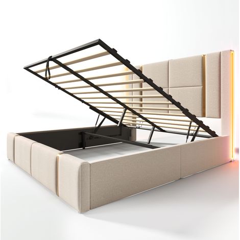 Cama doble con canapé 160x200 de lino beige con LED, USB Tipo-C y control por app (1/5)