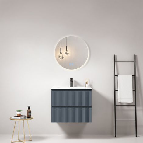 Mobile bagno sospeso cannettato 60 cm Blu Mare Lavabo in Ceramica Specchio Tondo Retroilluminato - Fiji Paint