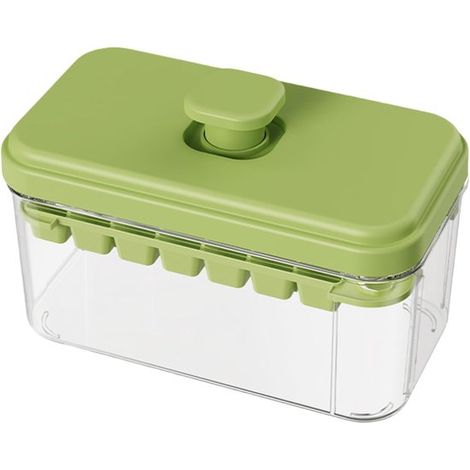 Vassoio per cubetti di ghiaccio con contenitore e paletta – 32 scomparti, verde oliva, design con pulsante, lavabile in lavastoviglie. (1/5)