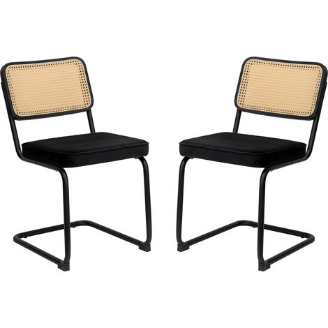 Chaises de salle à manger set de 2 en velours avec dossier en rotin et pieds en chrome, style milieu du siècle (1/5)