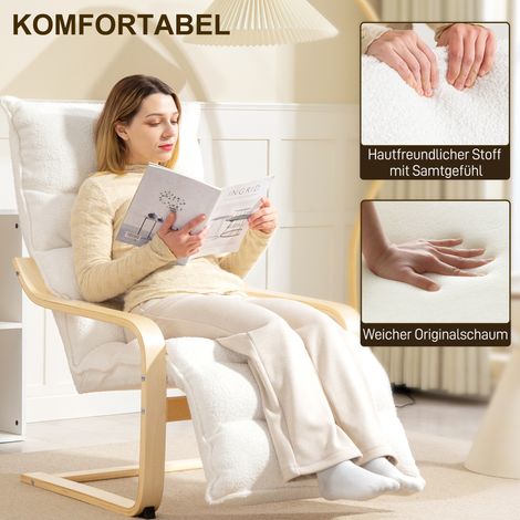 Fauteuil relax en bois de bouleau, coussin inclus, repose-pieds ajustable blanc