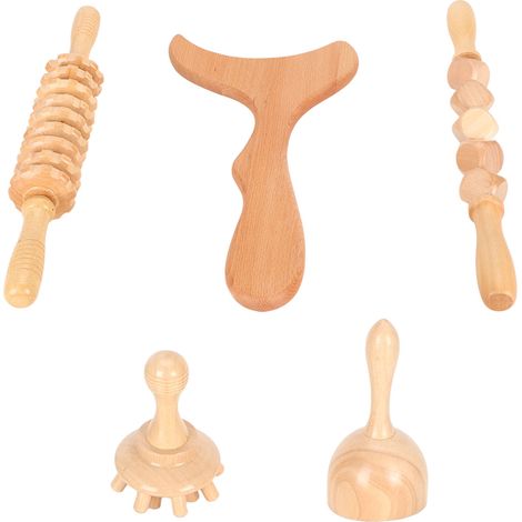 Kit 5 outils bois massage drainage lymphatique, soin sculptant corps, rouleau anti-cellulite, bien-être forme. (1/5)