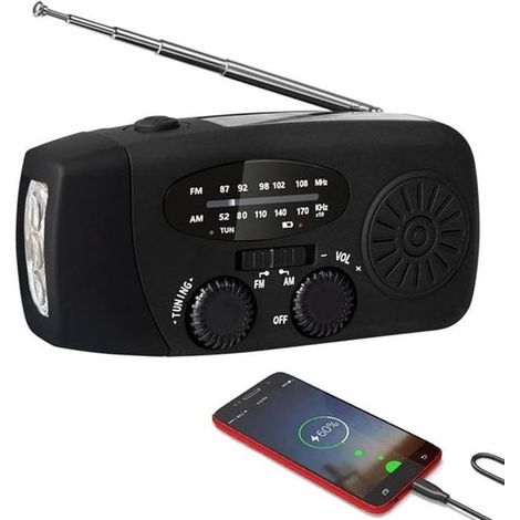 Emergenza Radio con manovella e solare 2000 mAh batteria con la torcia elettrica, la batteria esterna ricaricabile ideale per il campeggio e in situazioni di emergenza, nero (1/5)