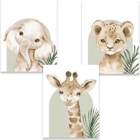 Lot de 3 Affiche, Savane, Jungle, Lion, Girafe, Éléphant, Chambre Enfant, 30x40 cm (1/5)