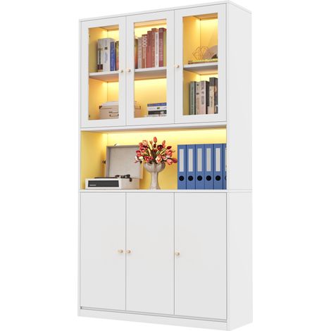 Libreria vetrina con 2 ante in vetro, vano aperto e 3 ante, LED, Moderna, MDF, Bianca, 100×35×200 cm (1/5)