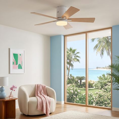 Ventilador de techo moderno 106 cm con lámpara LED y mando 6 velocidades - Motor DC silencioso, efecto madera, para salón o dormitorio - Natural (1/5)