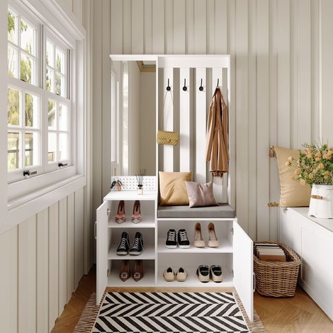 Ensemble de Meuble d'Entrée 180x100x40 cm avec Miroir, 2 Portes, 4 Crochets, Meuble à Chaussures et Banc avec Coussin - Design Moderne, Blanc (1/5)