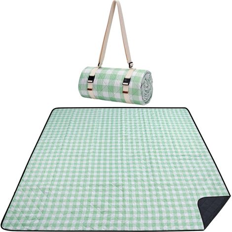 Couverture de pique-nique 200 cm x 200 cm, imperméable, lavable, tapis de pique-nique pour la plage, le camping avec bandoulière – Vert et blanc (1/5)