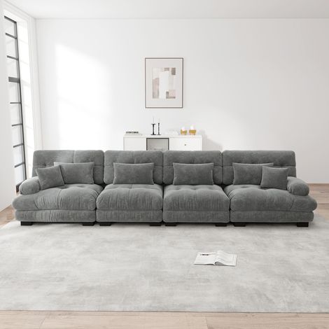 Divano angolare modulare a 4 posti con seduta profonda, divano letto in ciniglia, comodamente imbottito per soggiorno, appartamento, monolocale, ufficio, ciniglia grigio
