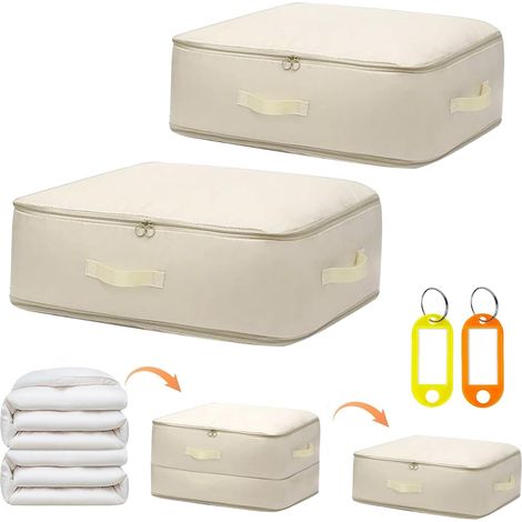 Lot de 2 Sacs de Rangement Auto-compressible Sac de Compression 54x42x30cm Housse Organiseur Lavables Gain de Place avec 2 Etiquettes Pour Couettes Oreillers Vêtements Literie - L Beige (1/5)