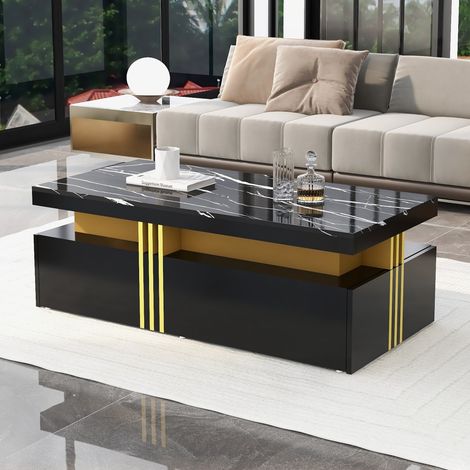 Table basse design 100cm, plateau brillant + 2 tiroirs bois, rectangulaire, pour salon contemporain (1/5)