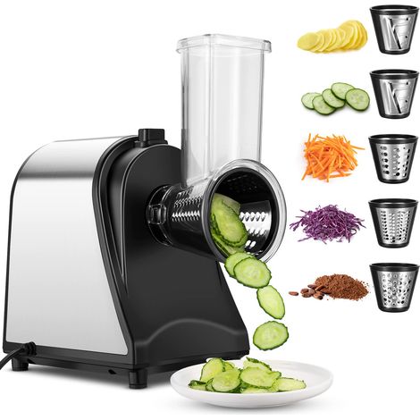 Tagliaverdure Tritacarne Elettrico in acciaio inox 250 W,Tagliaverdure elettrico in acciaio inox, 250 W, per verdure da cucina, con 5 tamburi di taglio (1/5)