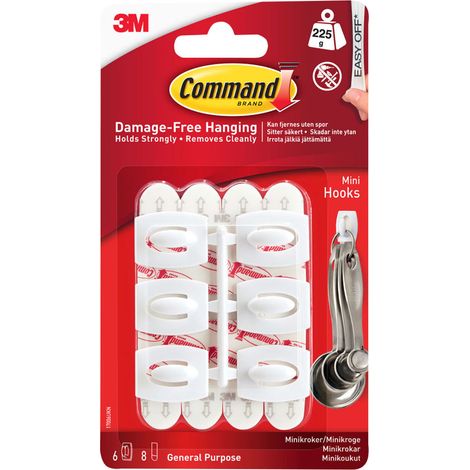 Command 17006 White Mini Hooks Pack of 6 with 8 Adhesive Strips