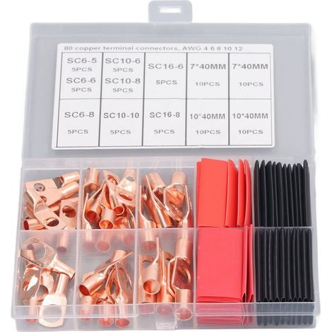 80 pièces Cosse de fil Connecteur à sertir à anneau d'extrémité de câble de batterie en cuivre rouge avec gaine thermorétractable,DUBUNS (1/5)