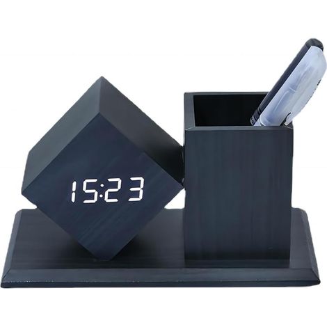Sveglia digitale a LED con display della temperatura e del calendario, luminosità regolabile su 3 livelli, attivazione sonora, orologio da tavolo multifunzione con portapenne per casa e ufficio (Nero) (1/5)