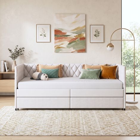 Superaly Canapé Lit Capitonné 90x200 cm, Lit gigogne, dossier Rembourré en Velours Gris, Sommier à Lattes, Lit Double Enfants, Lit Adulte Rétractable, pour Petit Espace Salon Chambre, Style Nordique (1/5)