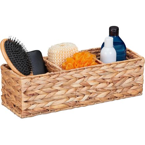 Relaxdays Aufbewahrungskorb mit 3 Fächern, aus Eichhorniaholz, H x B x T: 13 x 42,5 x 15 cm, für das Badezimmer, Natur