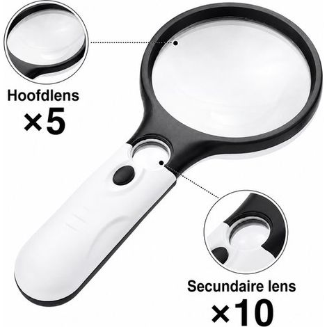 Loupe lumineuse – Grossissement 5X et 10X – 3 LEDs – Portable – Lecture – Piles non incluses (1/5)